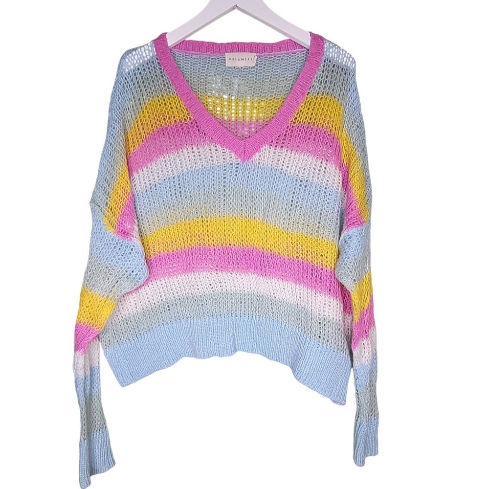 Dreamers Striped V-Neck‎ Sweater M/L Rainbow Multi Pullover Open Knit Colorful